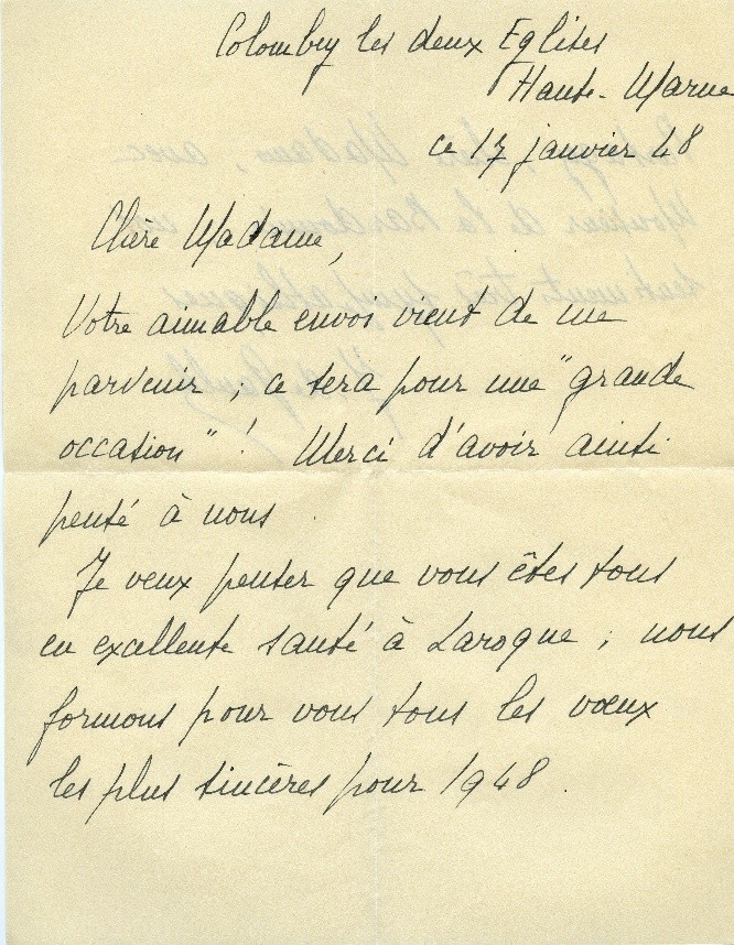 Lettre Yvonne janvier 1948